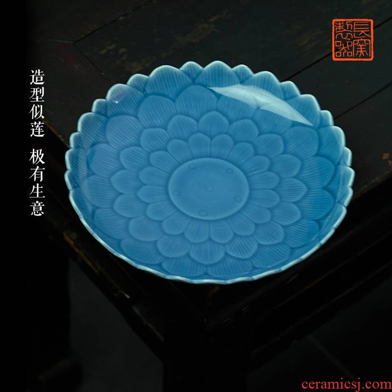 Offered home - cooked at flavor pot of dark blue glaze ceramic snack plate of fruit tray plate carved lotus - shaped jingdezhen ceramic tea set