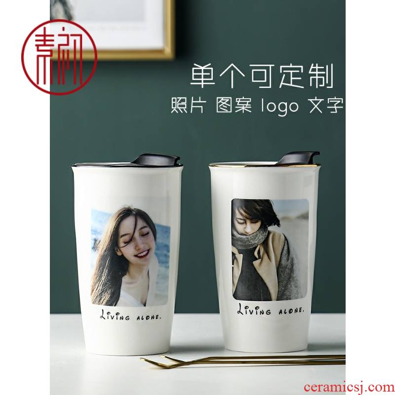 Creative ceramic cup with cover spoon move keller couples a coffee cup household tide mark cup custom printing photos