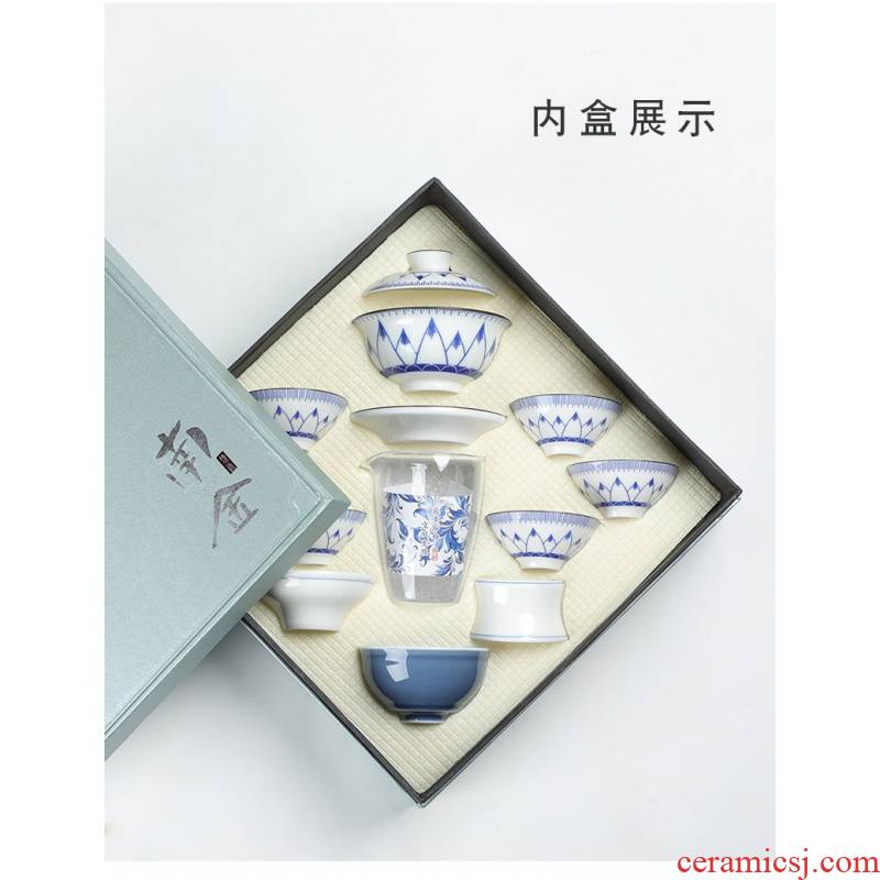 Hui shi gift gift box the tea sets suit custom LOGO kung fu tea cup hand - made master cup of blue and white porcelain pipe