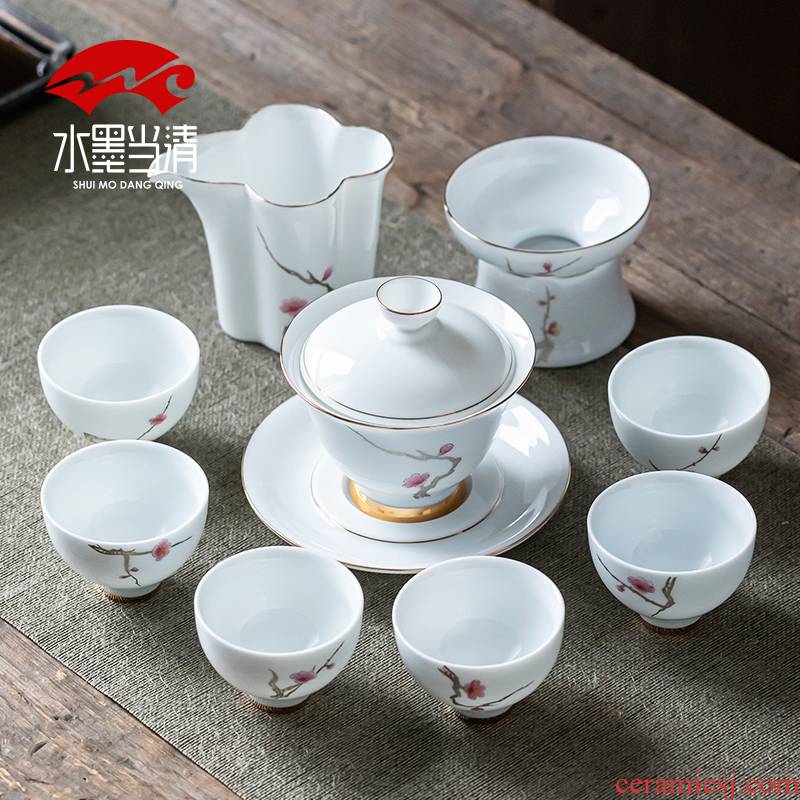 Dehua white porcelain tea set household kung fu ceramic cups up phnom penh tureen contracted a visitor office gift boxes