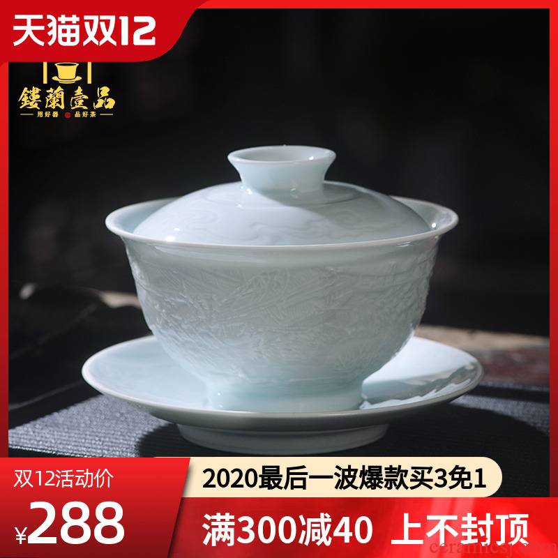 Jingdezhen ceramic shadow blue its qingming scroll only three tureen tea cups kunfu tea ware bowl with cover a single