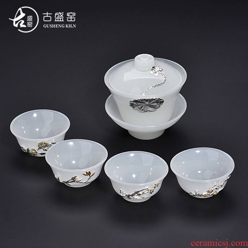 Ancient shing new jade white jade porcelain up set silver tureen tea cup set thickening heat - resistant sample tea cup of tea