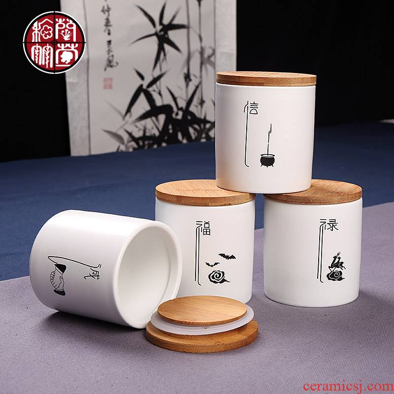 Caddy fixings small creative hand - made kunfu tea ceramic POTS moistureproof storage jar airtight household bamboo cover logo customization