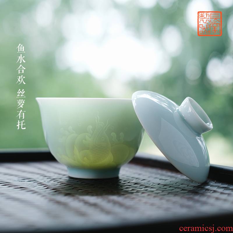 Long up is pure manual its shadow blue dark moment carp tureen tea cups of jingdezhen ceramic tea set by hand