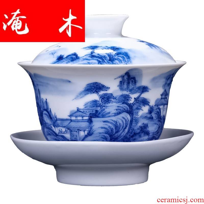 Submerged wood jingdezhen only three bowl of blue and white large kung fu tea tea tureen hand - made glass ceramic tea bowl