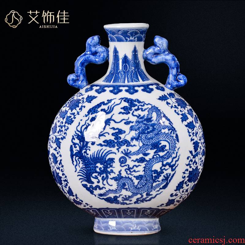 Jingdezhen blue and white ears longfeng vase Chinese style household ceramics archaize sitting room study TV ark, furnishing articles