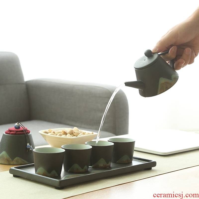 Qiao mu manual black pottery glaze painting tea set four cups with a pot of tea tray caddy fixings kung fu tea set