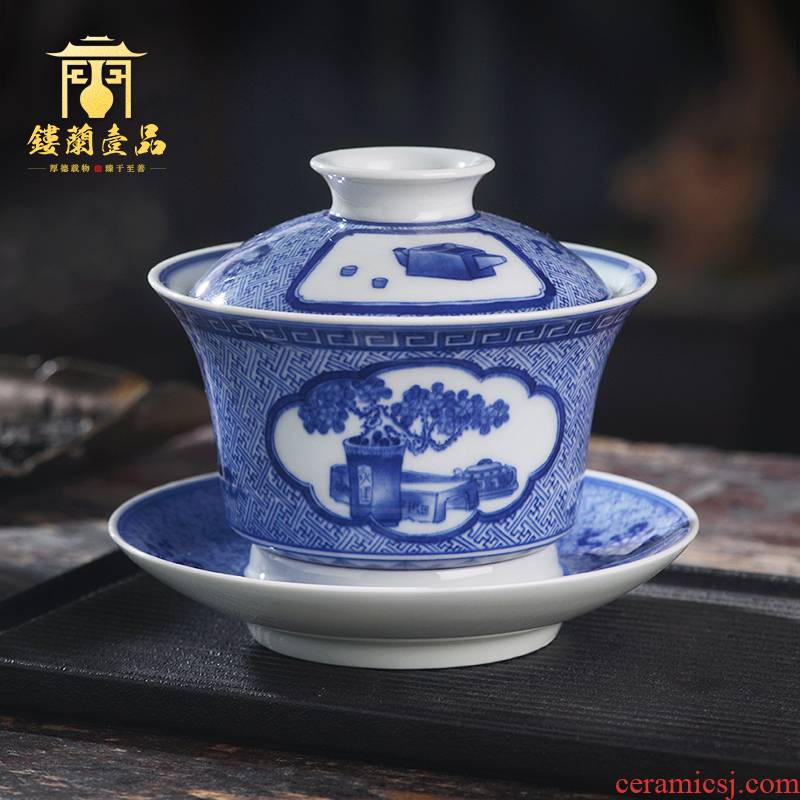 Jingdezhen ceramic blue and white komen figure hand - made all three bottle tureen tea bowl with cover only a single kunfu tea