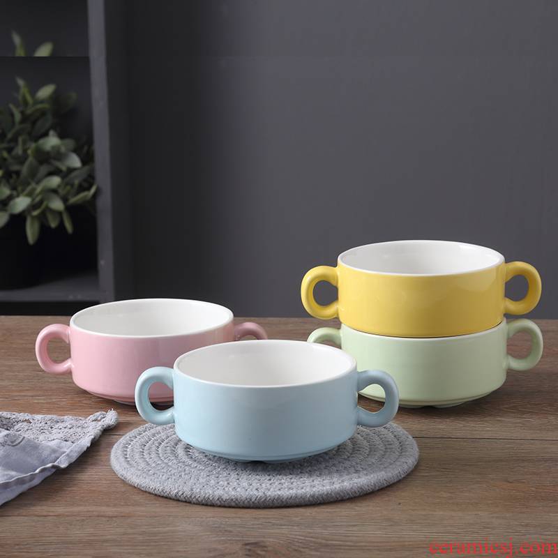 Ceramic western soup bowl ears stew baking bowl dessert double peel milk bowl of egg soup bowl borscht cup with cover