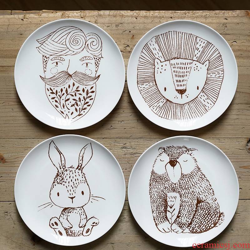 Qiao mu LH Nordic high ipads porcelain plates 8 inch breakfast tray cake plate flat ceramic uncle brown bear express lion