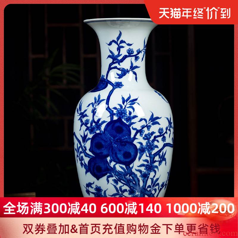 Under the jingdezhen ceramics glaze color blue and white porcelain vase peach hand - made big Chinese sitting room adornment is placed