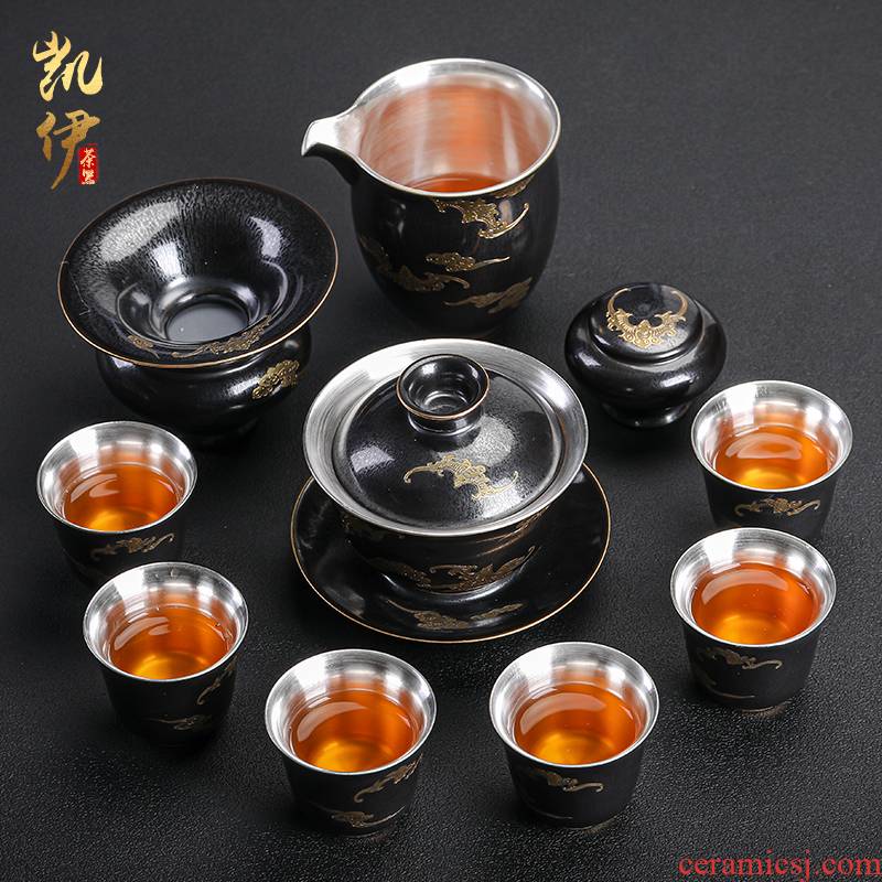 Temmoku coppering. As silver tea set household jingdezhen ceramic kung fu tea tea tureen teapot silver cup