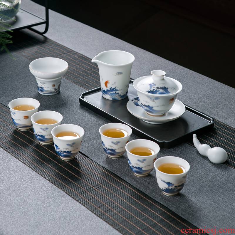 Suet jade white porcelain tea set a visitor home sitting room office of jingdezhen ceramic tea cup of tea