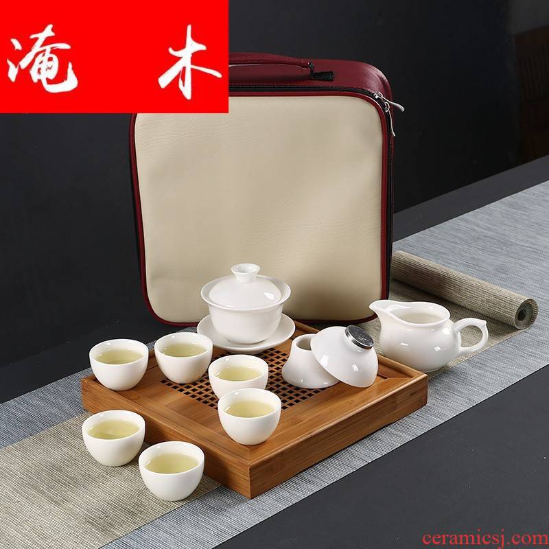 Flooded wooden Japanese dehua white porcelain tureen travel kung fu tea set 6 cups contracted high white porcelain teacup portable