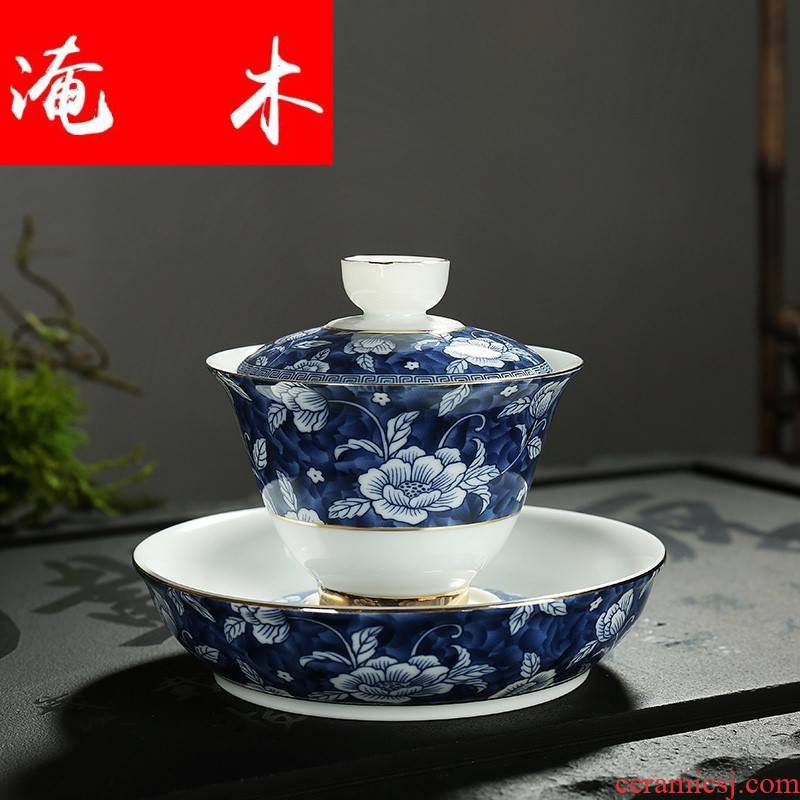 Submerged wood, ceramic famille rose flower is jingdezhen blue and white household tureen colored enamel kung fu tea tea cup three to worship