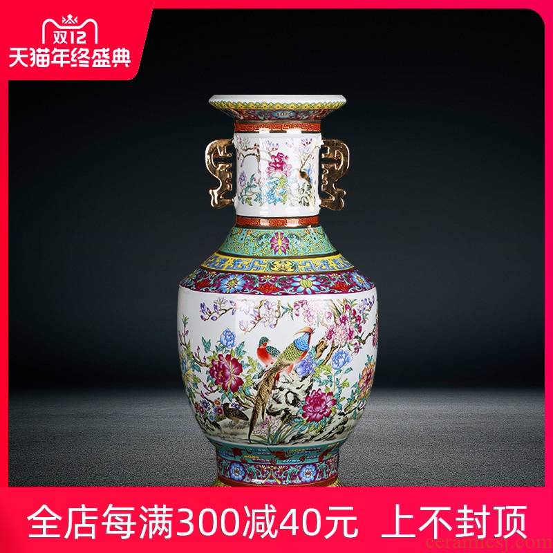 King of archaize qianlong ears porcelain of jingdezhen ceramics paint painting of flowers and vase of large sitting room place decoration