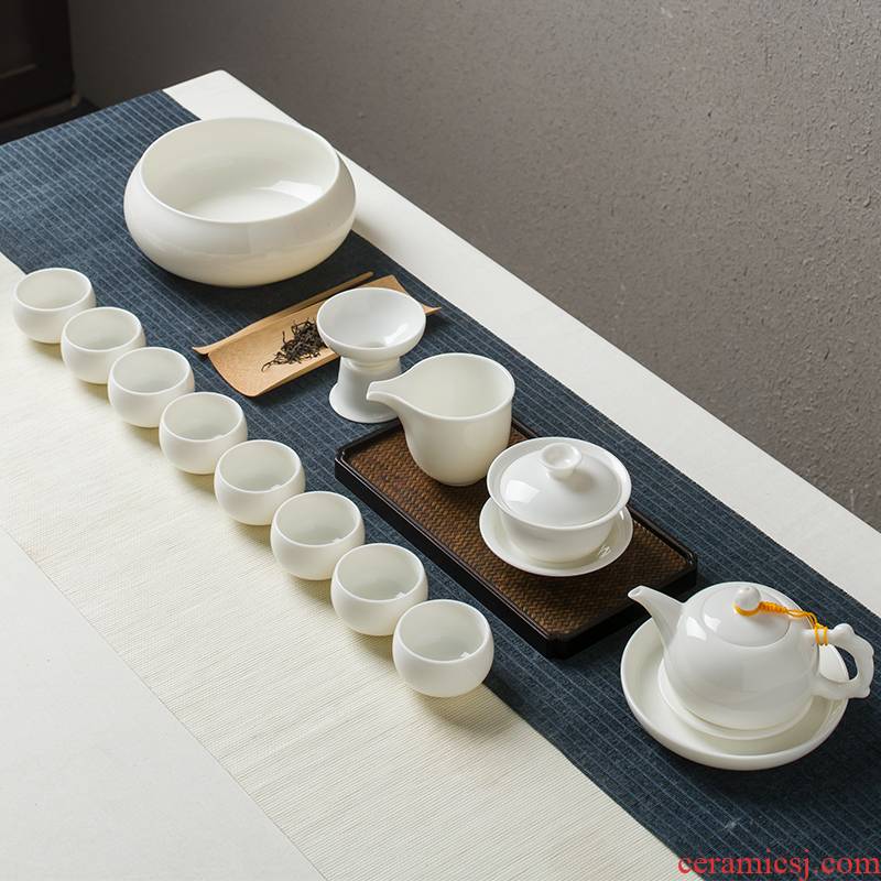 Jingdezhen kung fu tea set suit household white jade porcelain contracted ceramic teapot teacup of a complete set of gift box office
