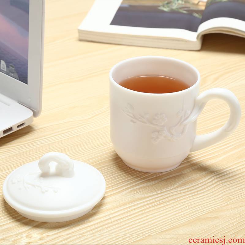 Qiao mu dehua white porcelain cup getting office tea cup of high - grade ceramic cups with cover mark cup without glaze surface