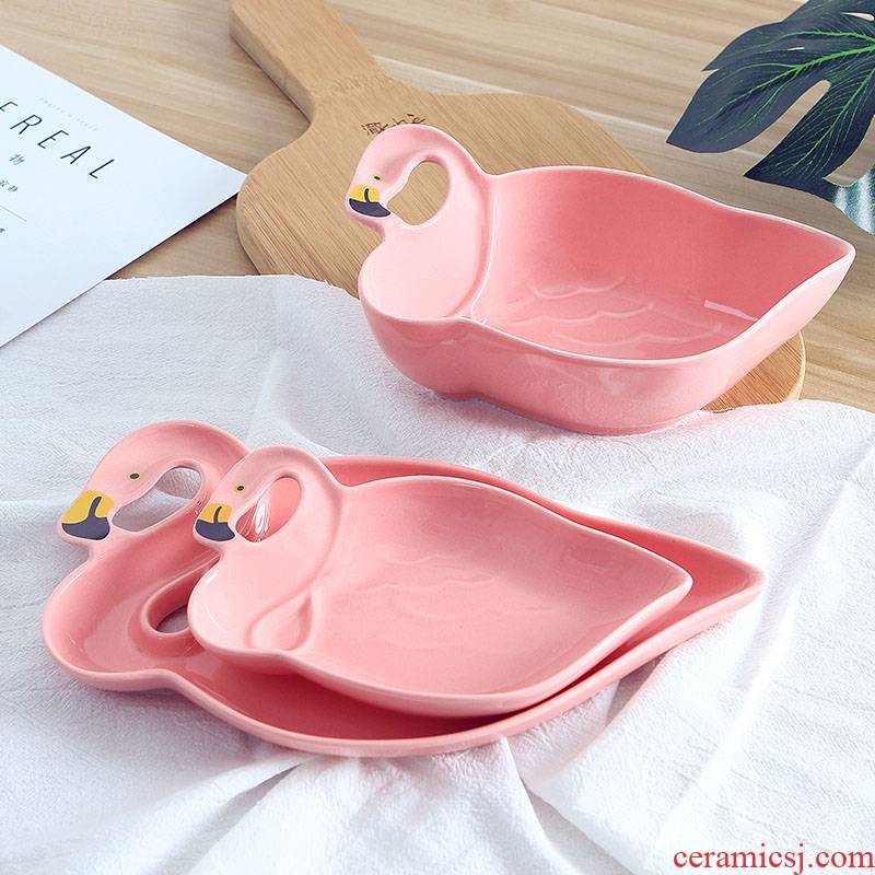 Ins girl hot pink flamingo snacks disc ceramic bowl dessert fruit breakfast snack plate dry fruit tray