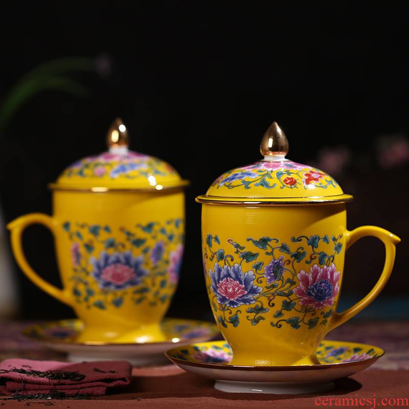 Jingdezhen yellow glaze colored enamel tall foot cup keller cups of coffee cup British red tea cups with cover cups