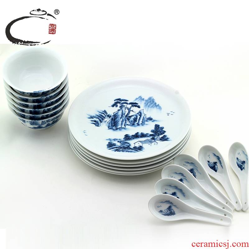 Blue and white landscape archaize jingdezhen hand - made ceramic tableware and auspicious dishes spoon gift packaging to send people