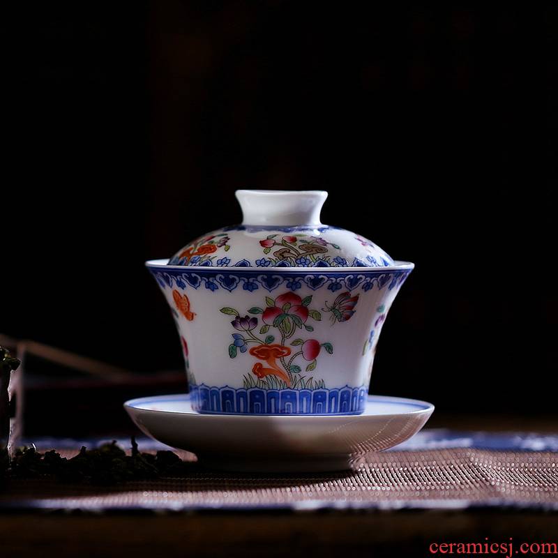 Hong xin tureen large ceramic tea set tea cups jingdezhen hand - made pastel three of the bowl bowl