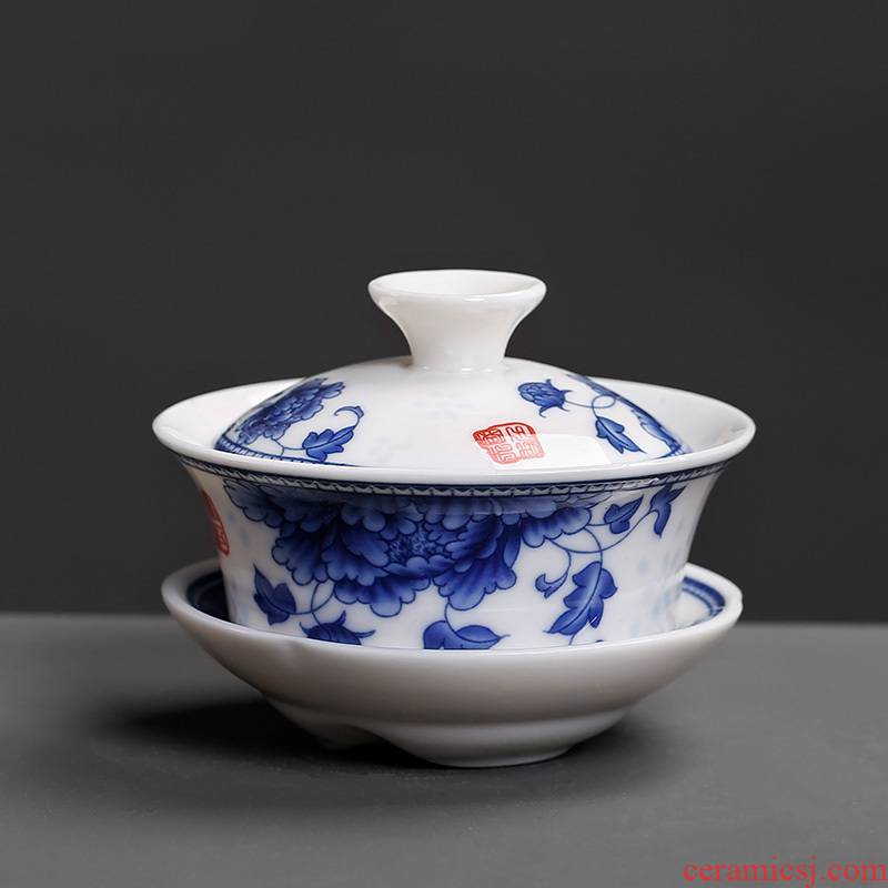 The Home of kung fu tea set ceramic hand - made tureen tea cup bowl bowl three cup small thin white porcelain applique tyre