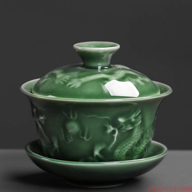 Celadon tureen kung fu tea set ceramic teapot to make tea bowl large bowl three tureen anaglyph dragons