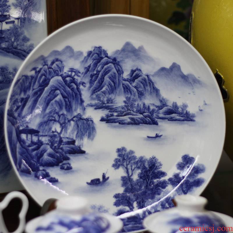 Jingdezhen pure hand - made scenery China plate 20-30 youligong hand - made ceramic plate landscape blue - and - white decoration plate