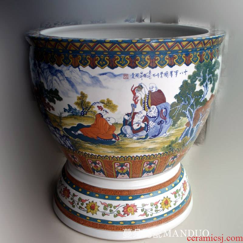 Jingdezhen hand - made of 18 arhats colorful porcelain VAT colorful porcelain glaze porcelain under the big cylinder diameter of 90 feet
