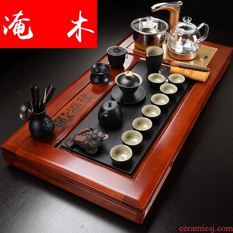 Submerged wood hua limu tea tray was home kung fu tea set four unity of a complete set of automatic electric furnace ceramic tea set