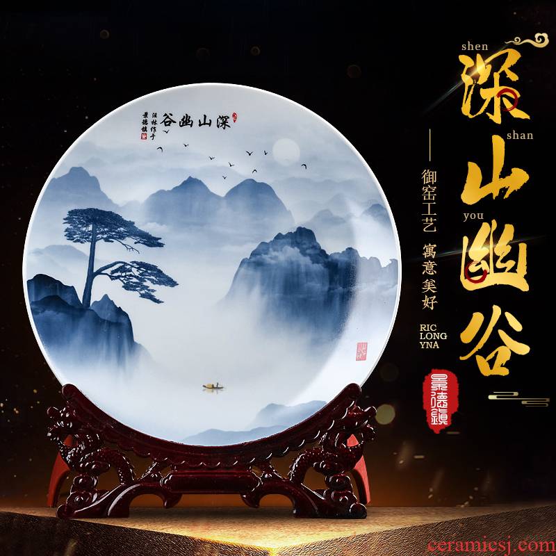Jingdezhen blue and white landscape hang dish sitting room of the new Chinese style household ceramics decoration plate of TV ark, furnishing articles of handicraft