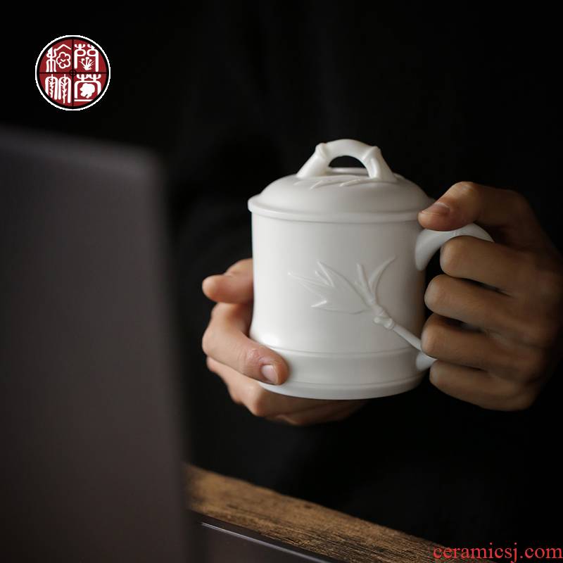 Dehua suet jade white porcelain keller with cover office cup large capacity checking ceramic business cup cup and meeting