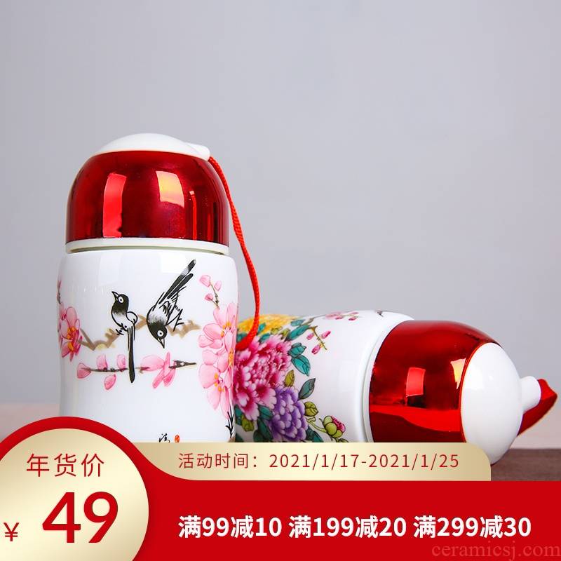 Jingdezhen ceramic vacuum cup "women with cover glass cup portable single bladder curing of blue and white porcelain cup gift mugs