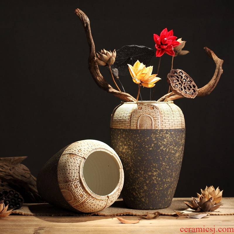 New Chinese style ceramic vase zen furnishing articles hand - carved retro coarse pottery table sitting room adornment flowers of a home stay facility