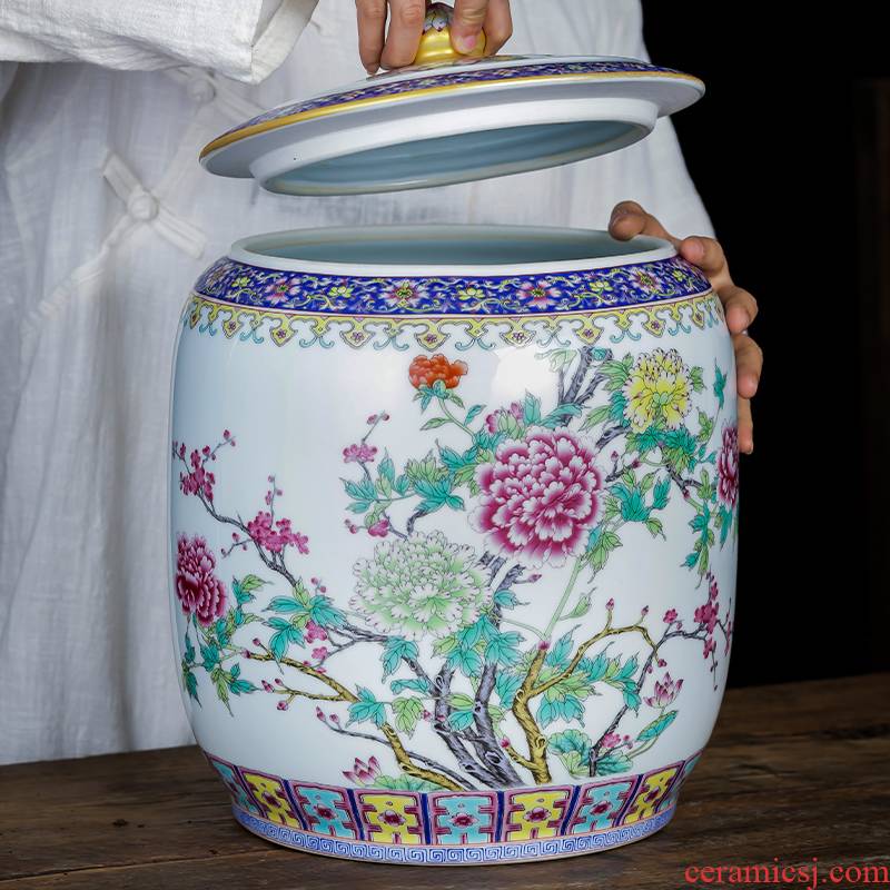 Jingdezhen porcelain ceramic powder enamel caddy fixings large loading seal pot home 10 5 jins of puer tea cake storage tanks