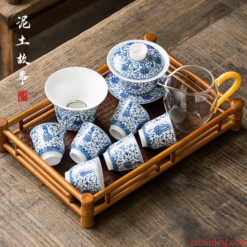 Jingdezhen tureen tea set gift suit pure hand - made under glaze blue and white porcelain three cups of kung fu tea tea bowl