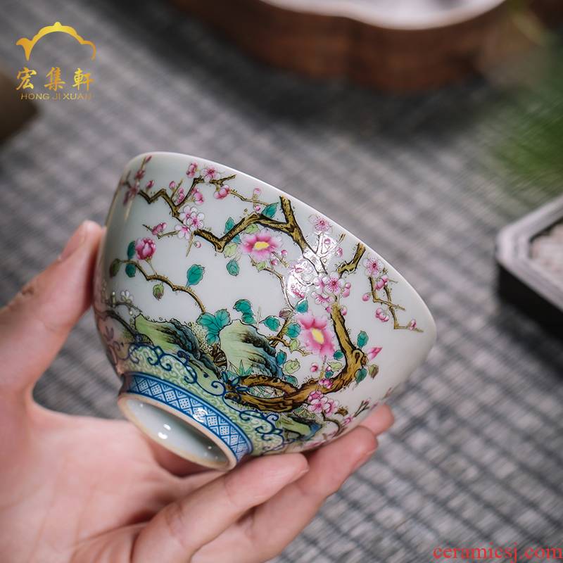 Colored enamel masters cup single jingdezhen checking flower kunfu tea cups small bowl is hand draw archaize sample tea cup