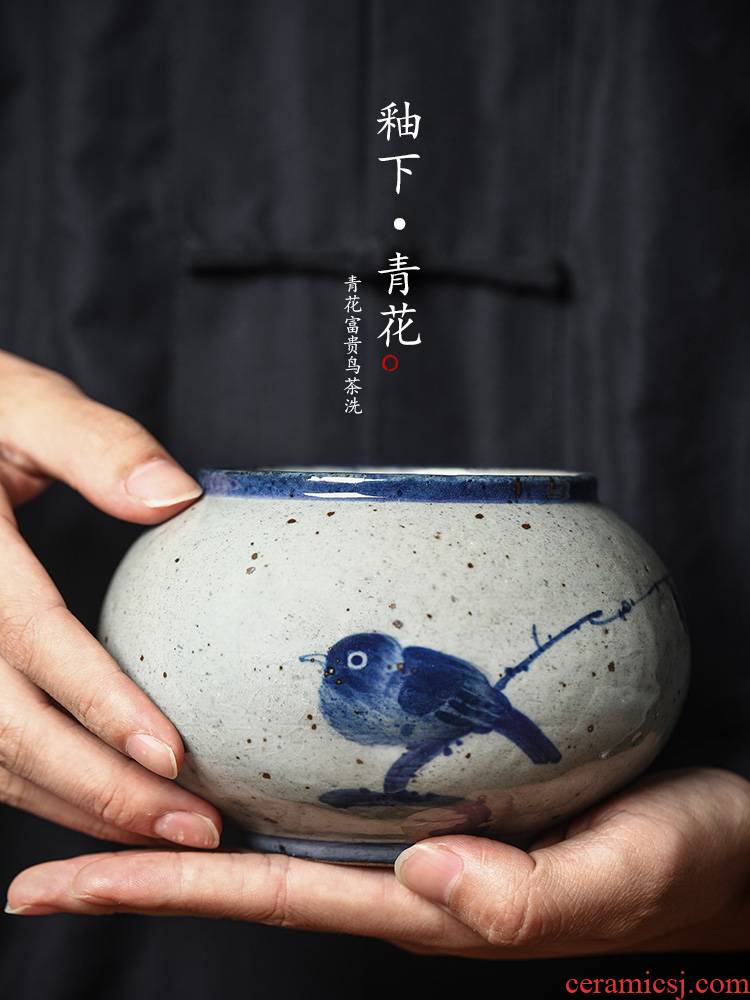 Water jar for wash tea tea accessories "four jingdezhen porcelain tea small hand - made ceramic calligraphy writing brush washer Water cheng, a bird