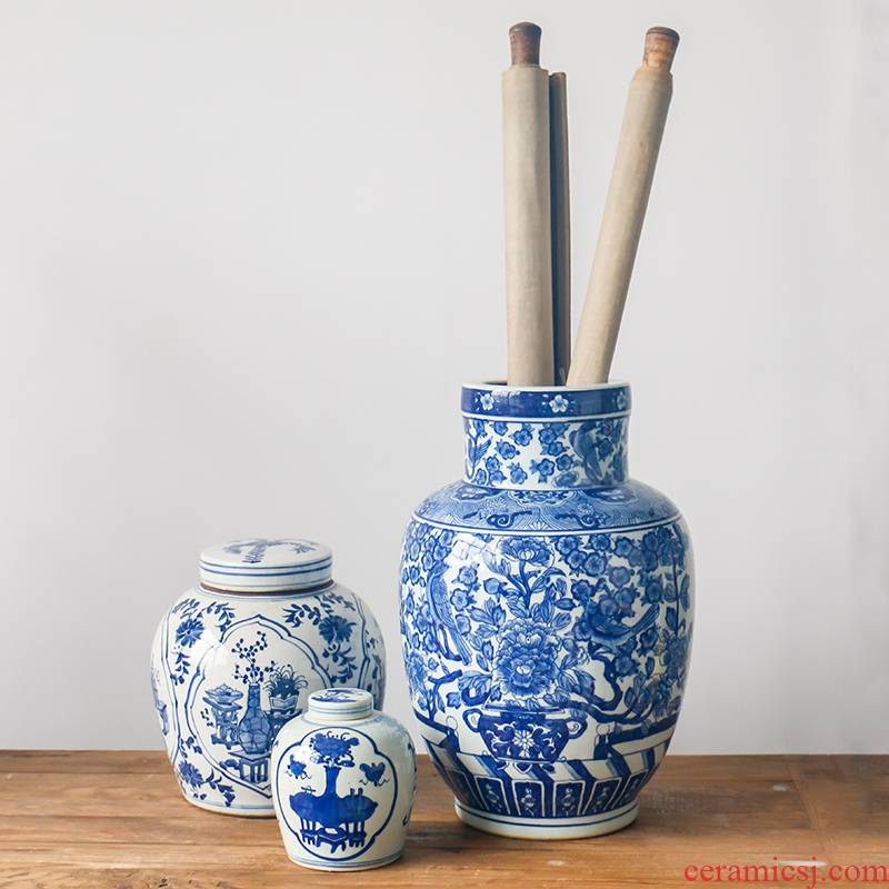 Chinese style restoring ancient ways is blue and white big beaming double happiness grain ceramic vases, flower implement the sitting room porch table flower arranging furnishing articles