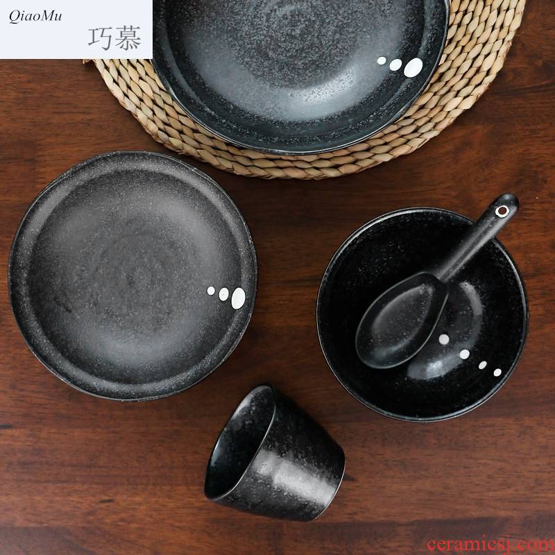 Qiao mu one food tableware suit Japanese ceramic dishes restoring ancient ways suit move cup spoon set of single feed plate