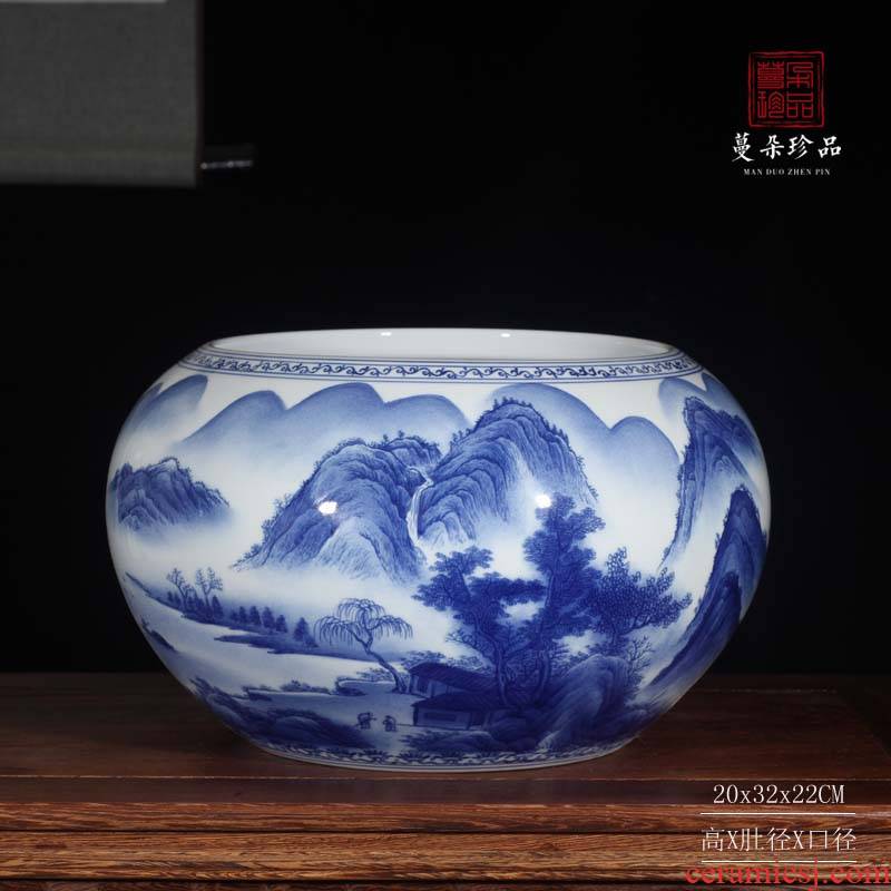 Blue and white writing brush washer aquarium water shallow high - grade ceramic painting outside in a double - sided painting landscape tong qu furnishing articles