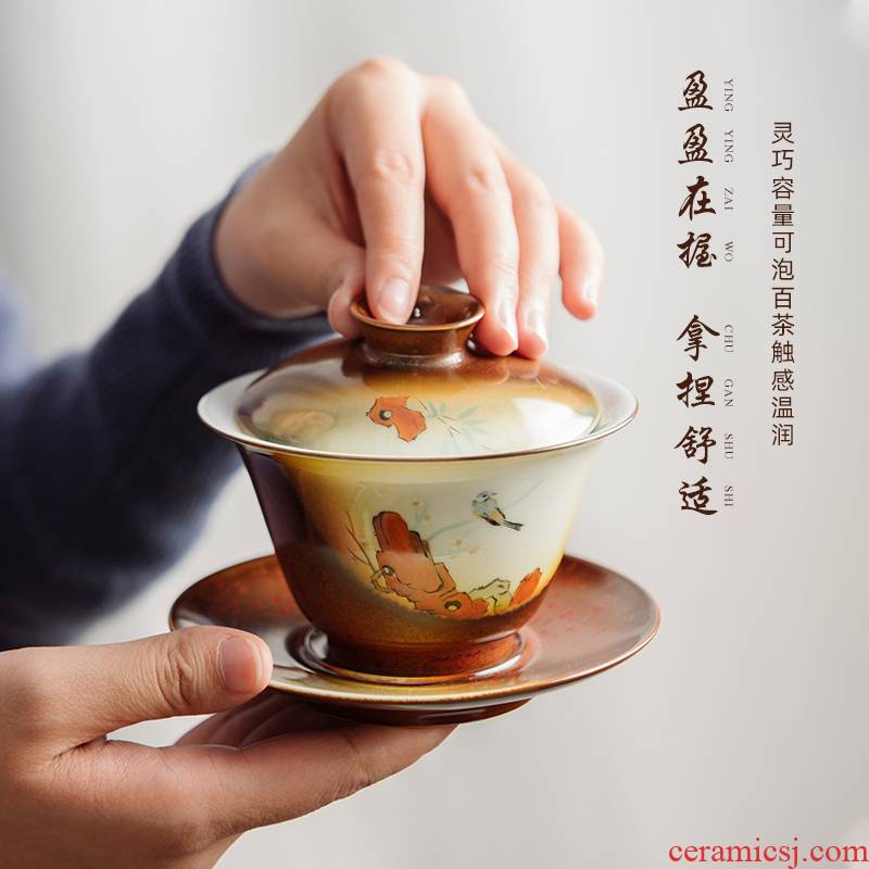 Jingdezhen ancient hand - made only three tureen tea cups a single large thickening tea bowl with cover tea set heat