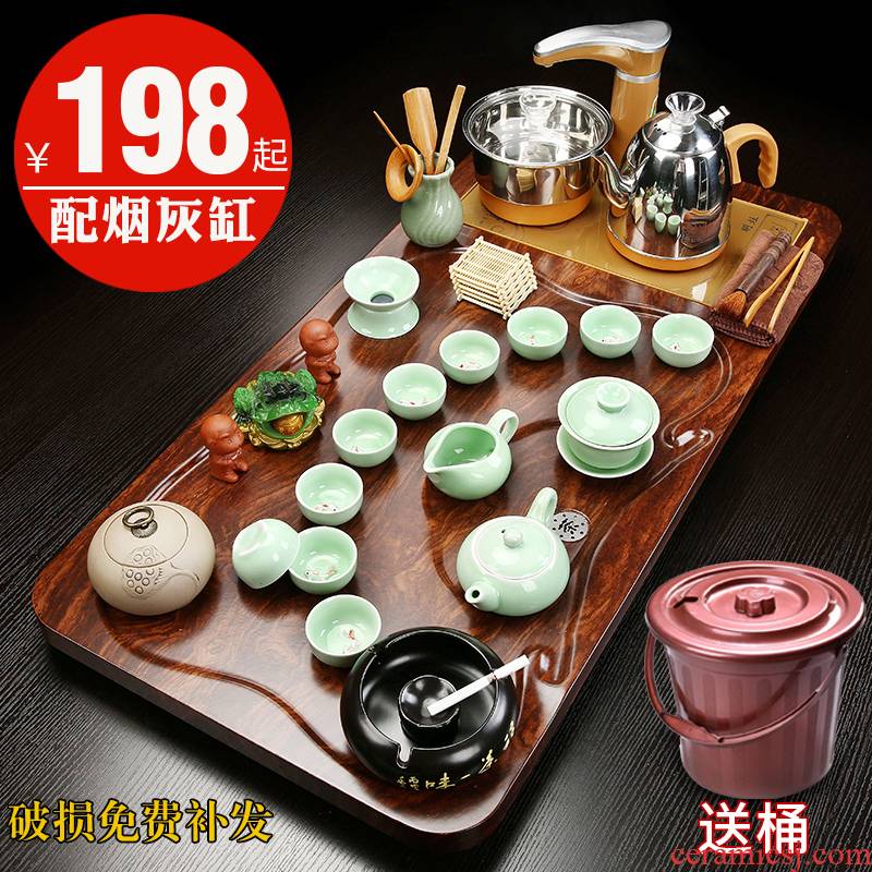 Hui shi purple sand pottery and porcelain of a complete set of kung fu tea tea set contracted household automatic electric furnace solid wood tea tray
