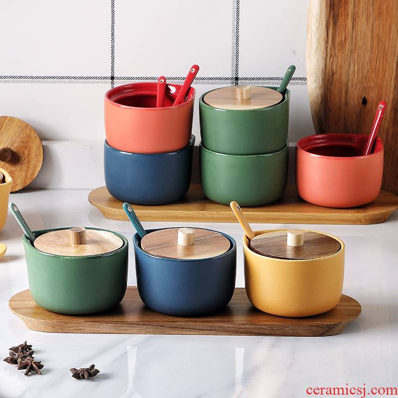 Creative ceramic flavor pot three - piece household acacia wood seasoning sauce can suit ceramic pot of salt