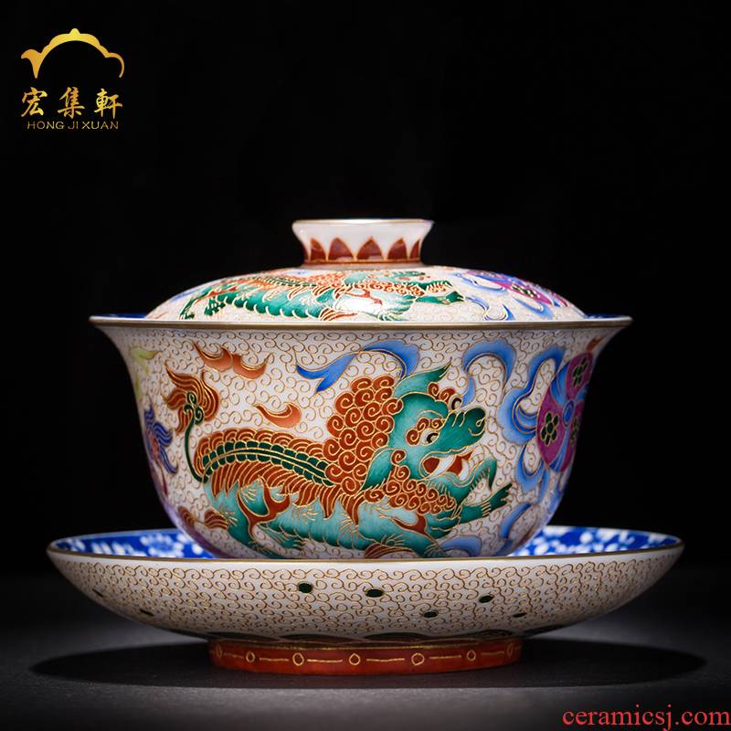 Only three tureen jingdezhen blue and white flower is hand - made ceramic cups all hand lion kirin colored enamel tea bowl
