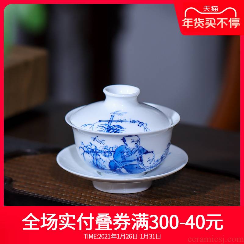 Hand - made of rural music tureen jingdezhen ceramic tea set three to a cup of blue and white porcelain new one individual cups is not hot