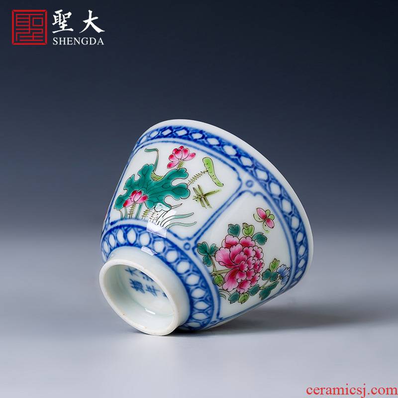 Holy big blue and white window teacups hand - made ceramic kungfu pastel spring, summer, autumn and winter masters cup of jingdezhen tea service by hand