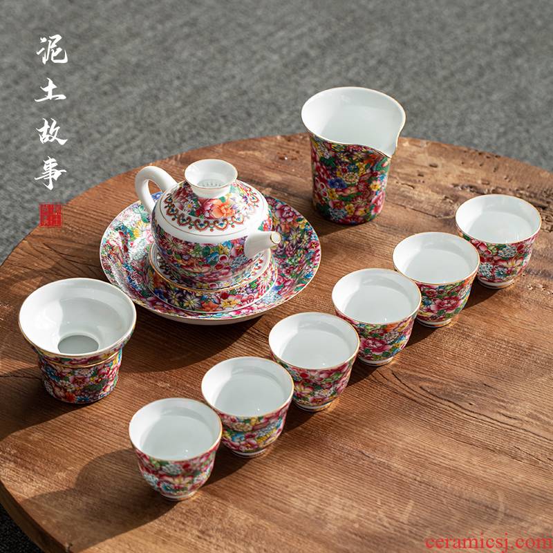 Colored enamel kung fu tea set suit household contracted tea ceramic pot of a complete set of modern high - end gift box with a gift