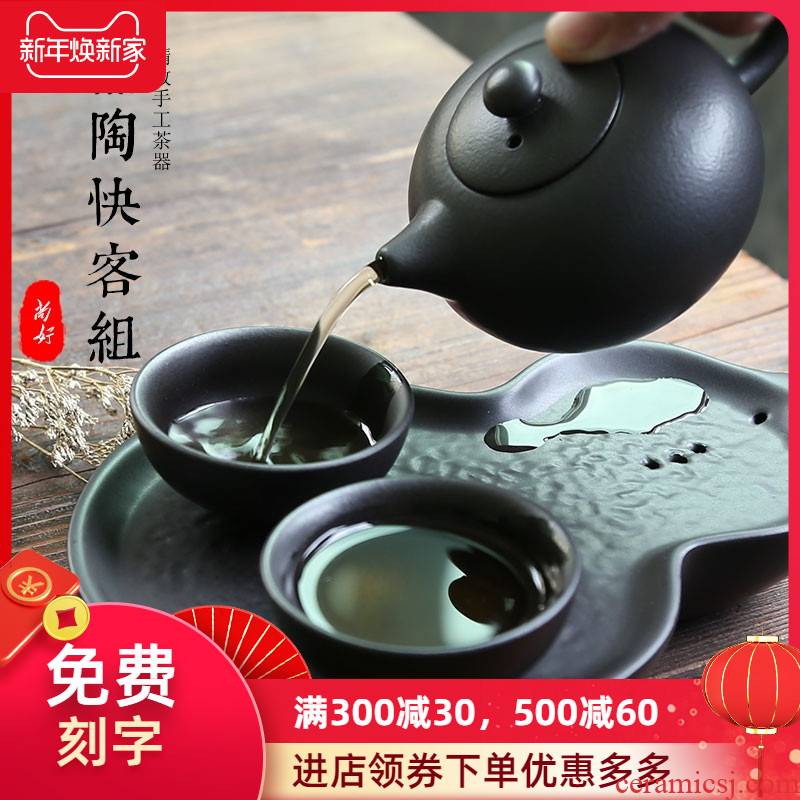 A pot of two cups of black zen portable travel kung fu tea set crack cup with ceramic creative office tea tea tray